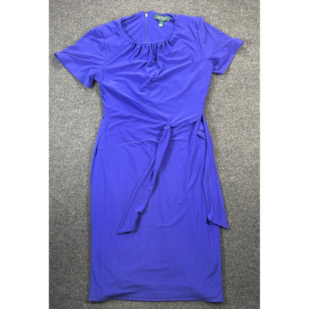 Lauren Ralph Lauren Royal Blue Faux Wrap Sheath Dress Size 6 Short Sleeve Jersey